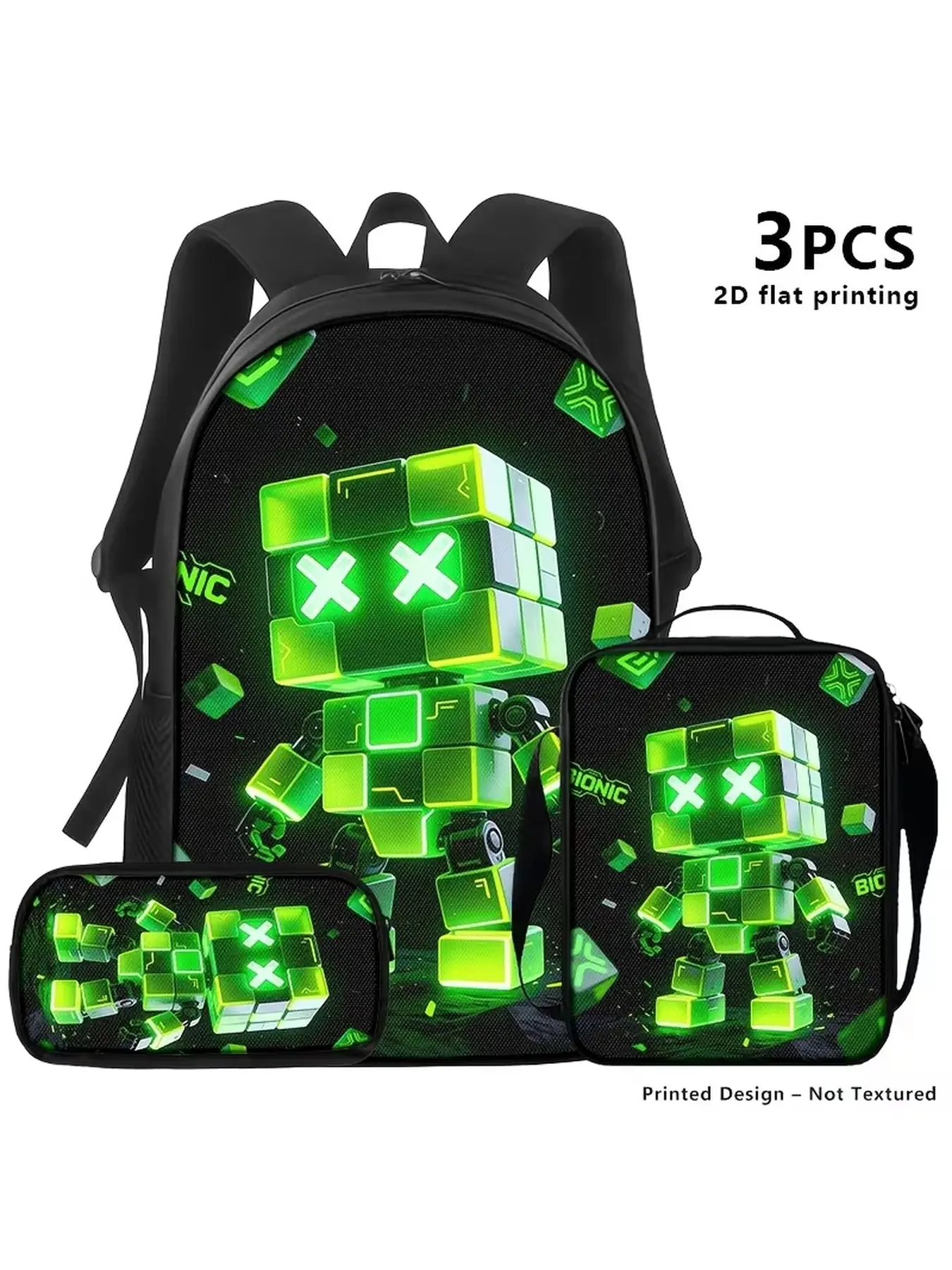 3pcs Backpack Bags Storage Bag Shoulder Bag, 2D Printed Neon-green Pixel Cube Robot Motif; Futuristic Gaming Look for Gamers and Trendters; for Travel and Daily Use.