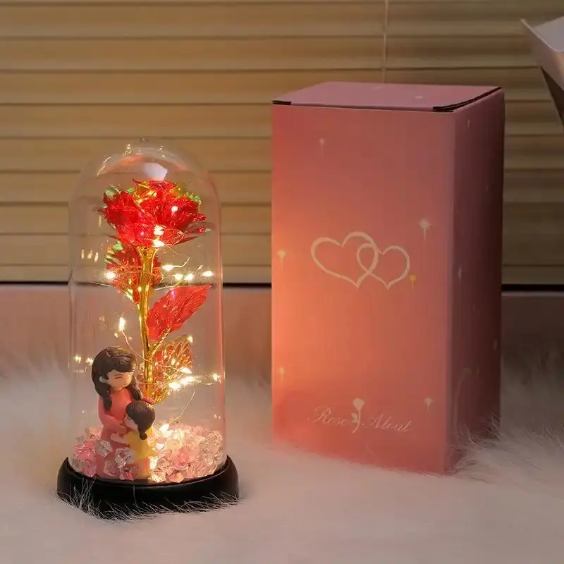 Eternal Rose Flower LED Night Light Mother-Daughter Figurine Set - Mom Birthday Gifts for Women, Room Decor Table Lamp for Dresser, Festive Desktop Ornament Home Supplies Present