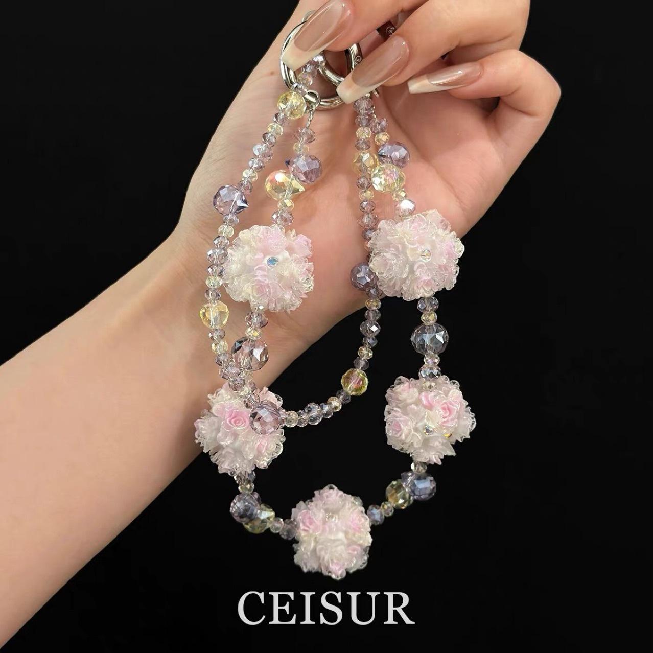 Mobile phone lanyard, luminous color-changing flower ball strap, bag crystal pendant, personalized and stylish car accessory