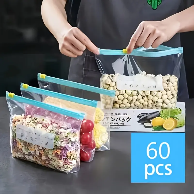60-Pcs Reusable Zipper Preserving Containers Set - 3-Size Clear-Lid Glass Kitchen Canisters with Utensils for Fruit, Grain Storage, Three Sizes