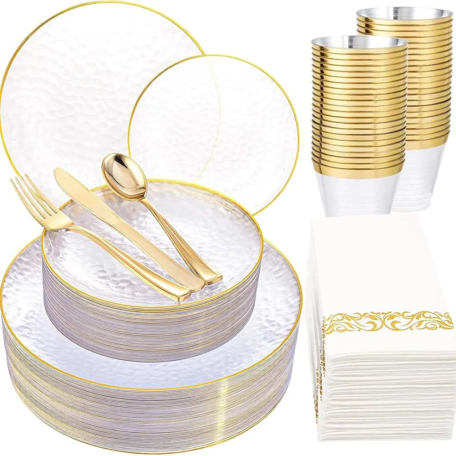 70-Piece Hammered Disposable Plastic Plates Set, Transparent Cutlery Kit, Ideal for Weddings, Parties, Restaurants