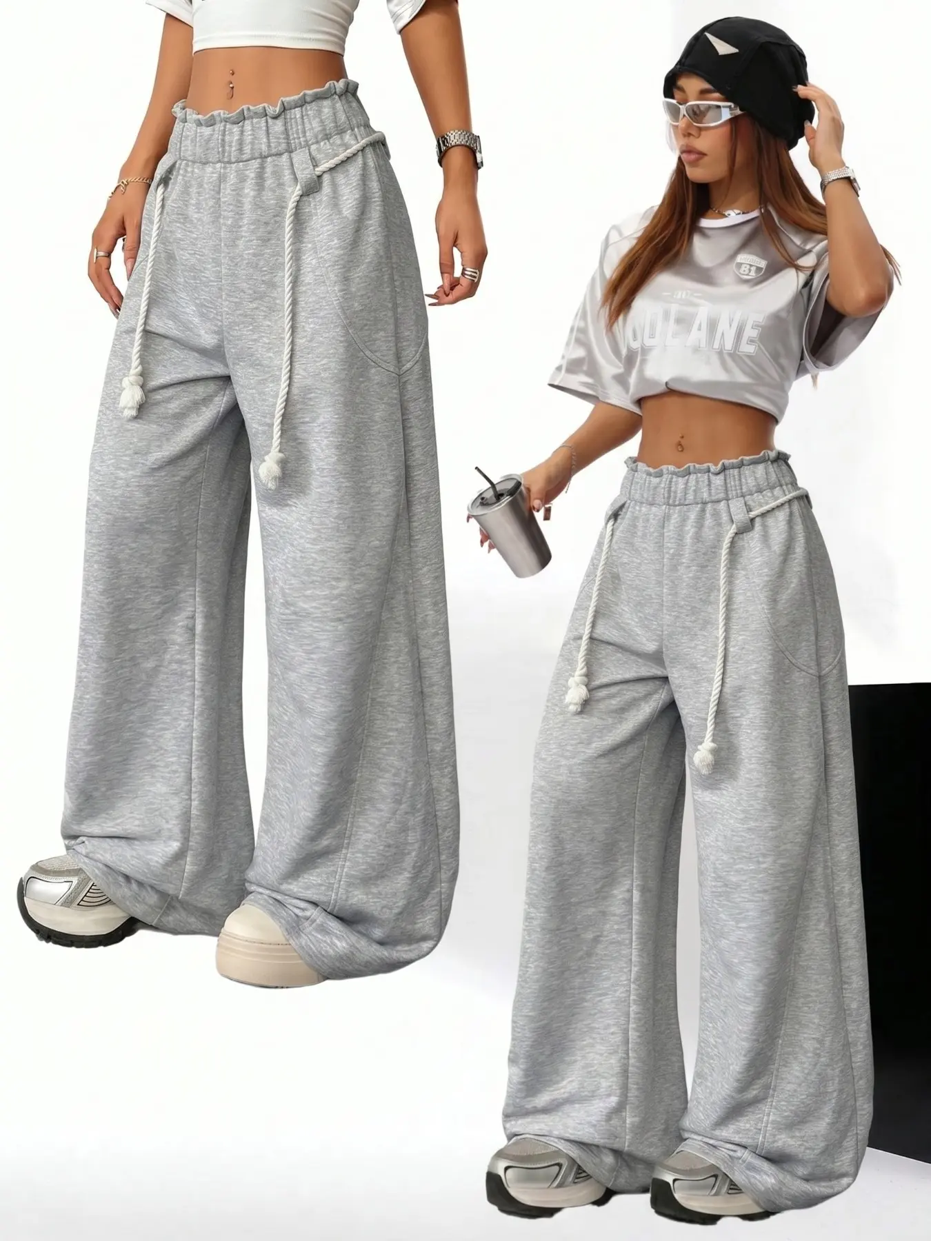 Y2K Heather Grey High Waist Ruffled Waistband Wide Leg Baggy Oversized Sweatpants Thick Drawstring Tassel Loose Fit Full Length Casual Trousers Bottom Perfect For Streetwear, Hip Hop Style, Outdoor Stroll And Home Loungewear Outfits