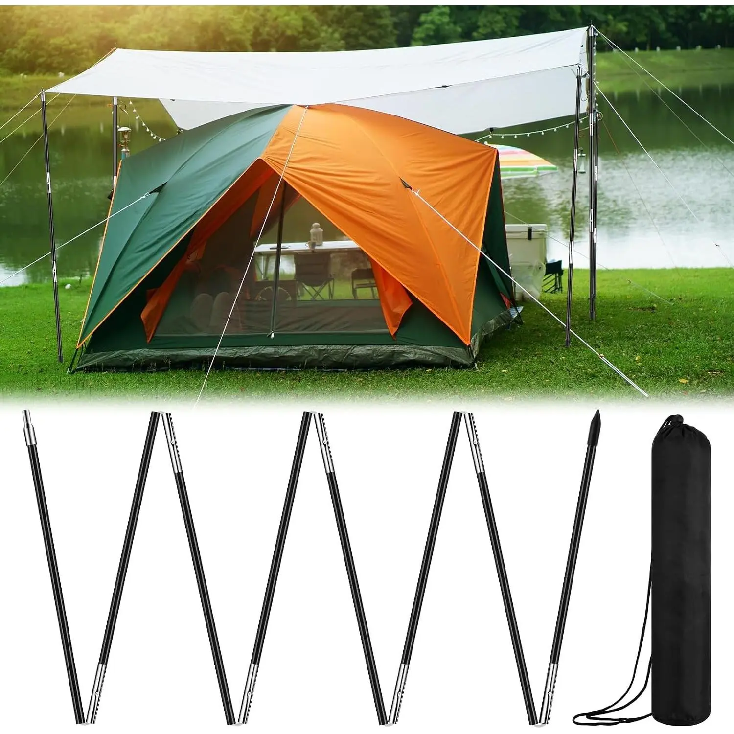 8.5 ft Fiberglass Tent Pole Replacement with Storage Bag Pre Assembled Black Multifunctional Foldable Camping Tent Pole Assembly for Outdoor Travel and Camping, Easy to Install Maintenance