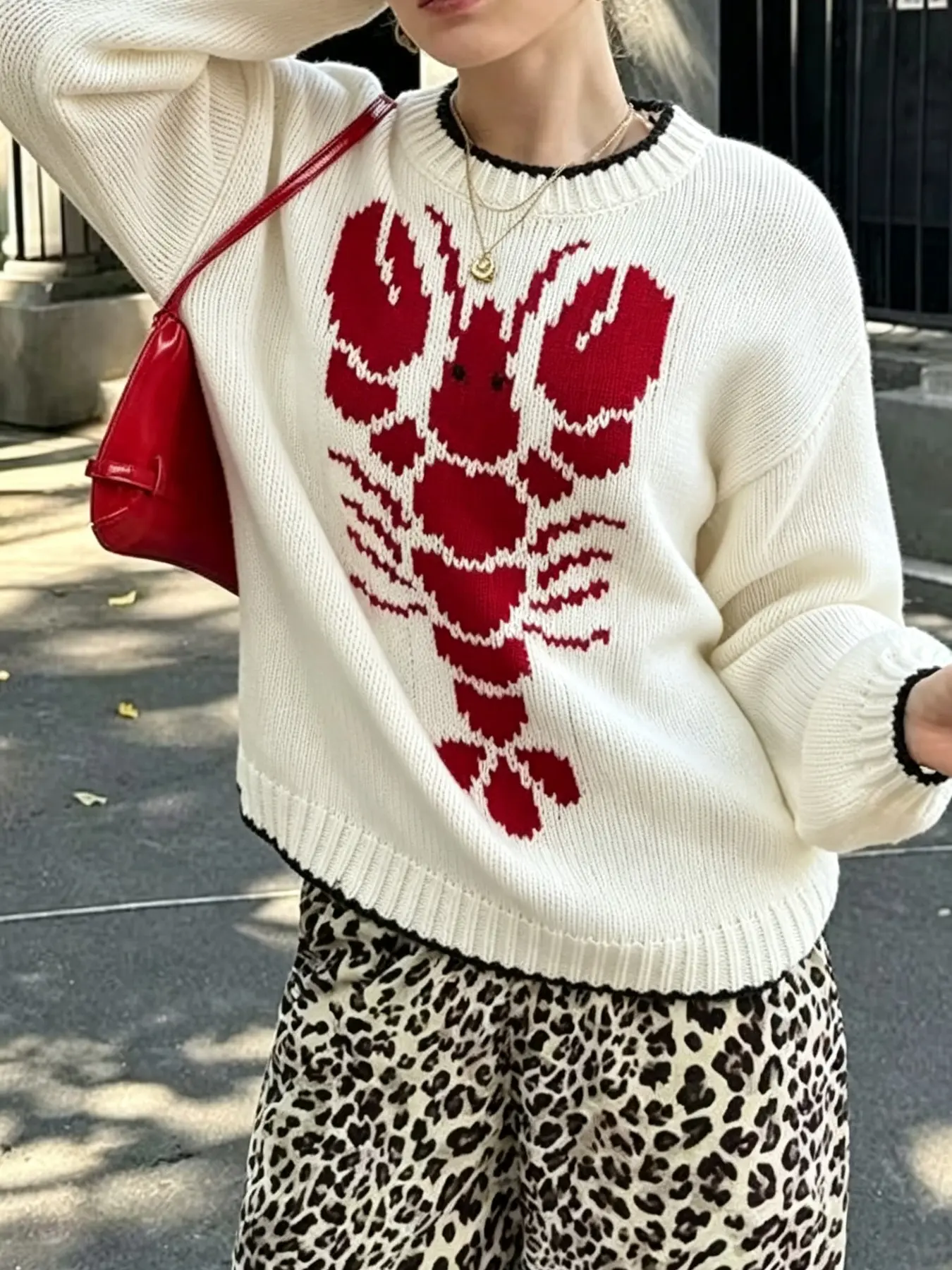 American Vintage Lobster Pattern Jacquard Sweater, Colorblock Trim Fashion Round Neck Loose Knit Pullover, Casual Women's Top