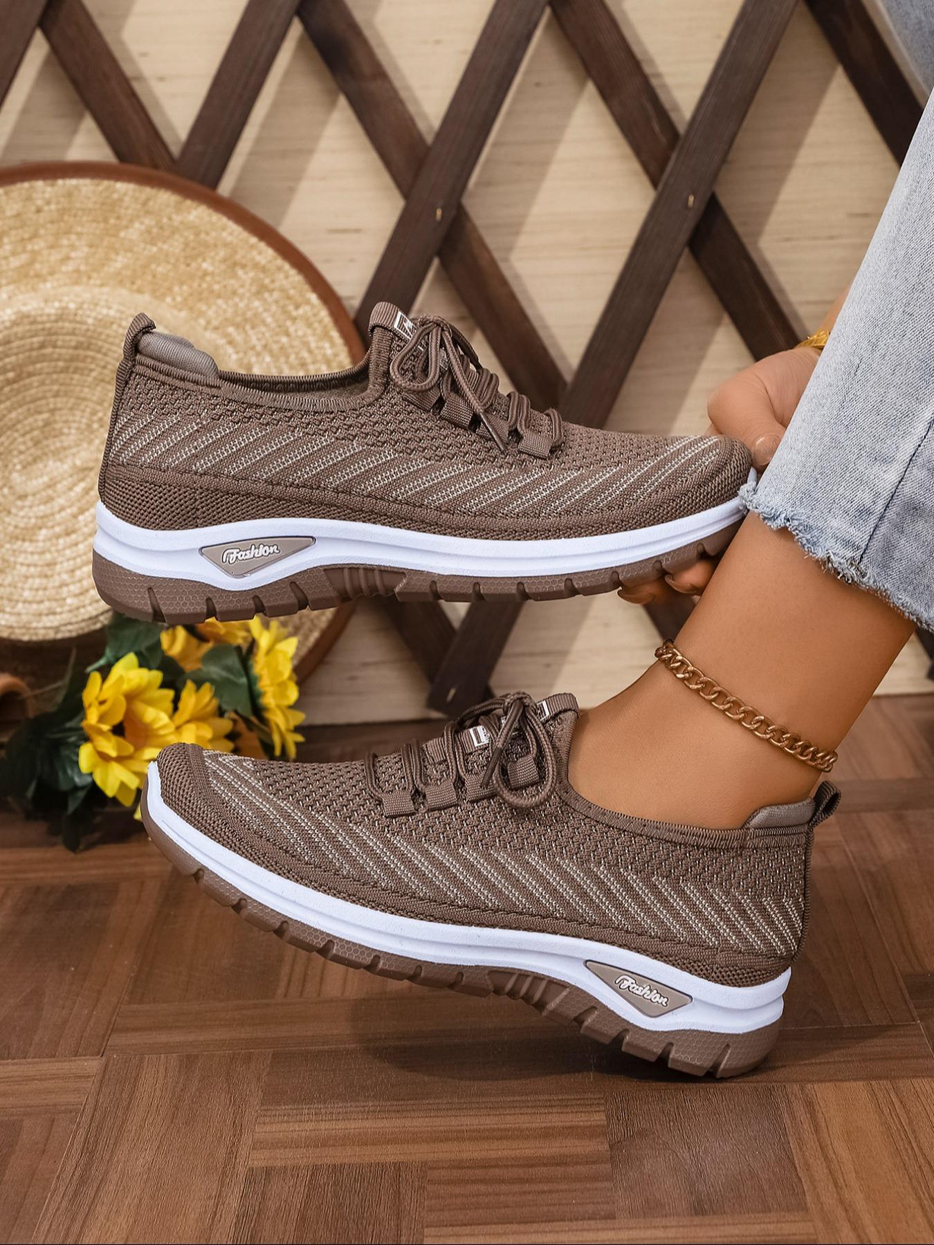 Women's Plus Size Casual Sneakers, Knitted Running Shoes, Lightweight Comfortable Travel Running Shoes, Low Top Anti-Slip Lace-Up Sports Shoes for Outdoor Activities