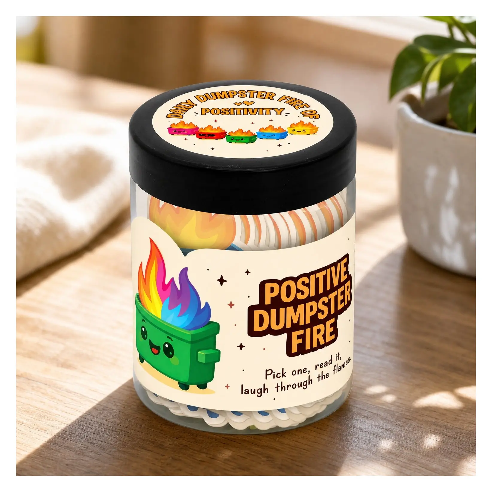 60 Positive Dumpster Fire Cards in a Jar with Wooden Stand - Emotional Support Desk Accessory, Zen Garden Office Gift for Coworkers, Teachers & Work FriendsGift
