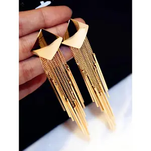 Gold Silver Tone Geometric Pyramid Square Chain Tassel Fringe Long Dangle Earrings Sparkling Lightweight 13.8g 10cm Drop Bold Modern Statement Daily Wear Party Perfect Gift Women Girls Fashion Jewelry Accessory