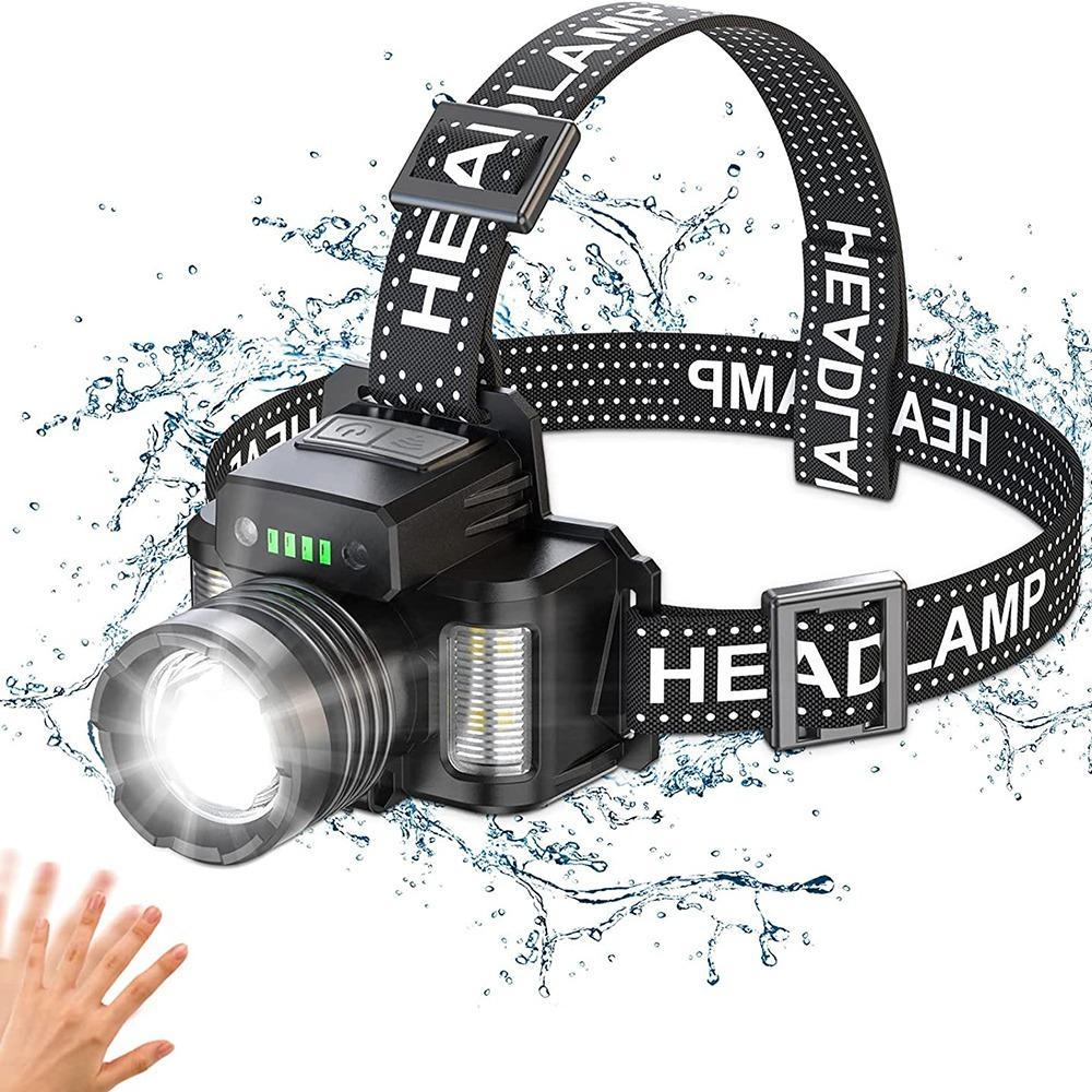 Rechargeable Headlamp,5 nights Battery Life,500m beam,Power Indicato,Zoom(Spot to Flood), Motion Sensor Switch, 90° Adjustable, Detachable Headband, Soft Light/Strobe, 1000 Lumen Constant Output, Includes Charging Cable, Power Bank
