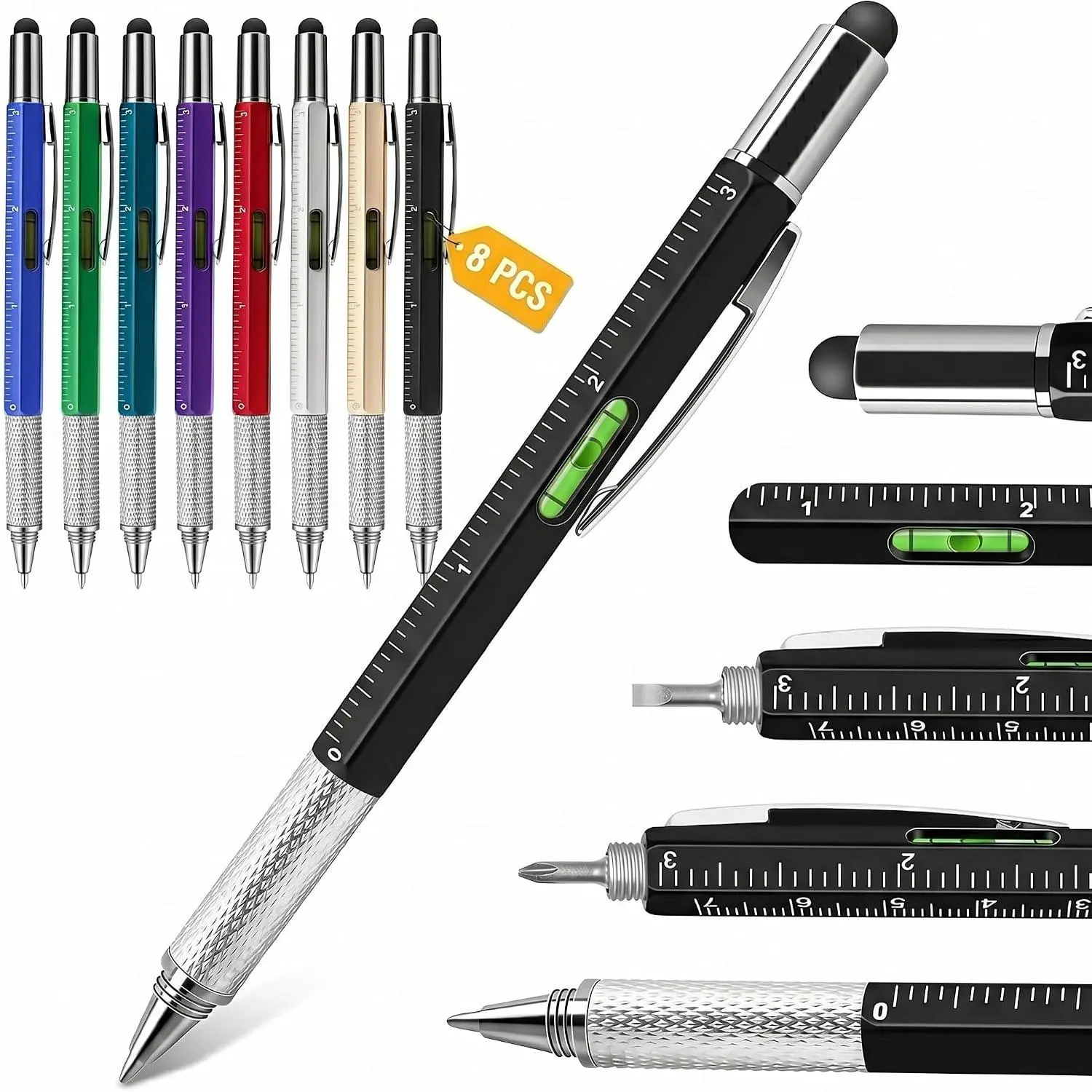 8 count Multitool Pens for Men, for Dad Husband Him, 6-in-1 Ballpoint Pen with Stylus  Ruler Level, Cool Gadgets Tools for Office  School