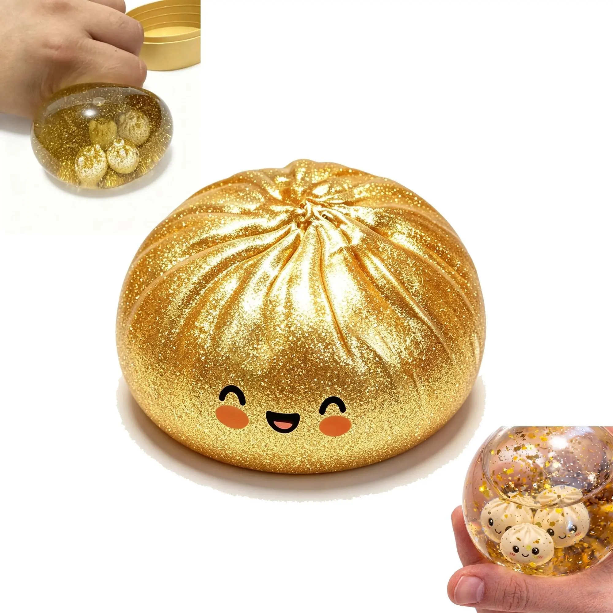 Gold Glitter Dumplings Squishy Toy Set, Kawaii Gold Bun Fidget Toy, Soft Sensory Squeeze Toy, Stress Relief Desk Toy, Party Favor Gift