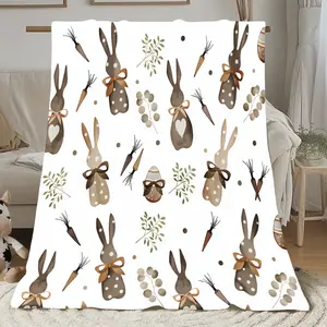 1Pc Of Easter-Themed Brown Rabbit Flannel Throw, Featuring Digital Prints, Suitable For Use On Sofas, As An Air-Conditioning Cover, Or A Lunch Blanket. This Double-Sided Fleece Blanket Makes A Great Gift