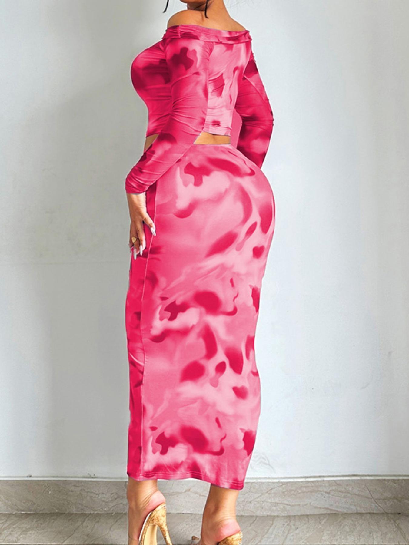 Women's All Over Print Skirt Set, Elegant Chic Off Shoulder Crop Long Sleeve Top & High Waist Bodycon Skirt Set, Fashion Casual Two Piece Outfits for Party Club Dating, Ladies Clothes for All Seasons Valentine's Day, Gift