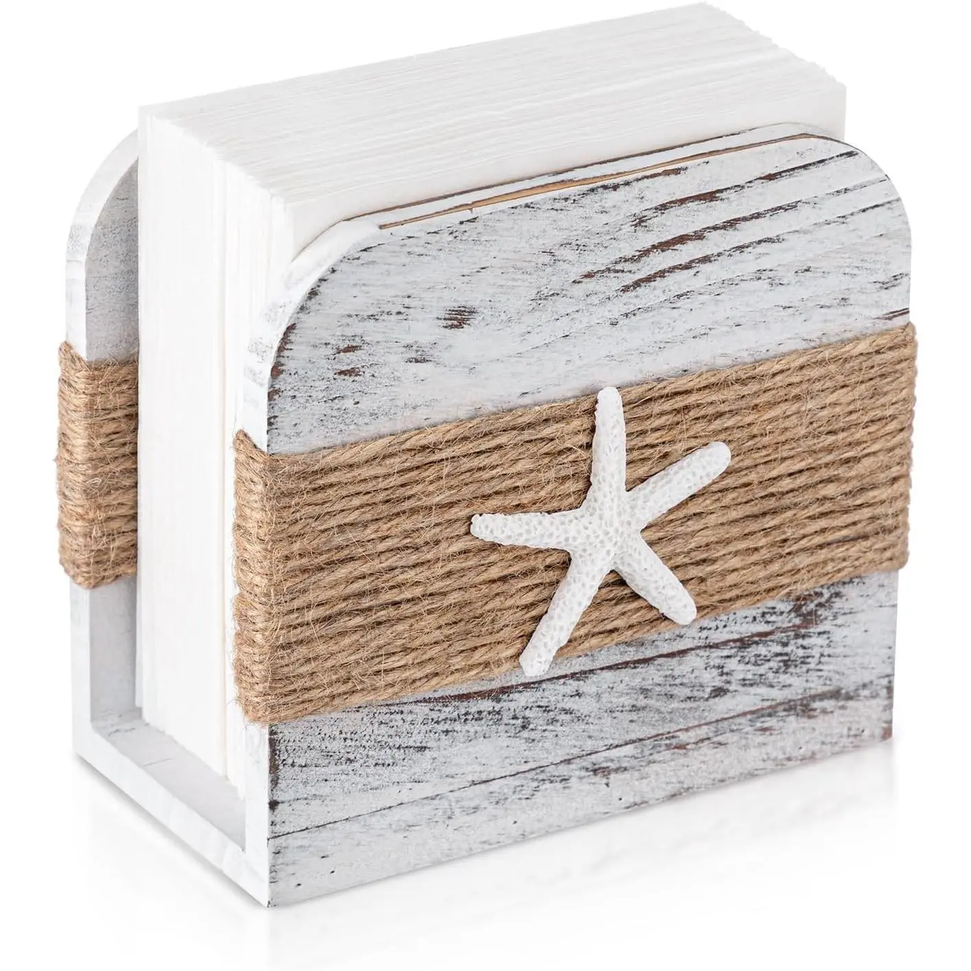 Natural Wooden Napkin Holder, Farmhouse Napkin Holders Upright Wooden Tissue Dispenser for Kitchen Dining Room Table Decor Indoor & Outdoor Use (Beach Style,White)