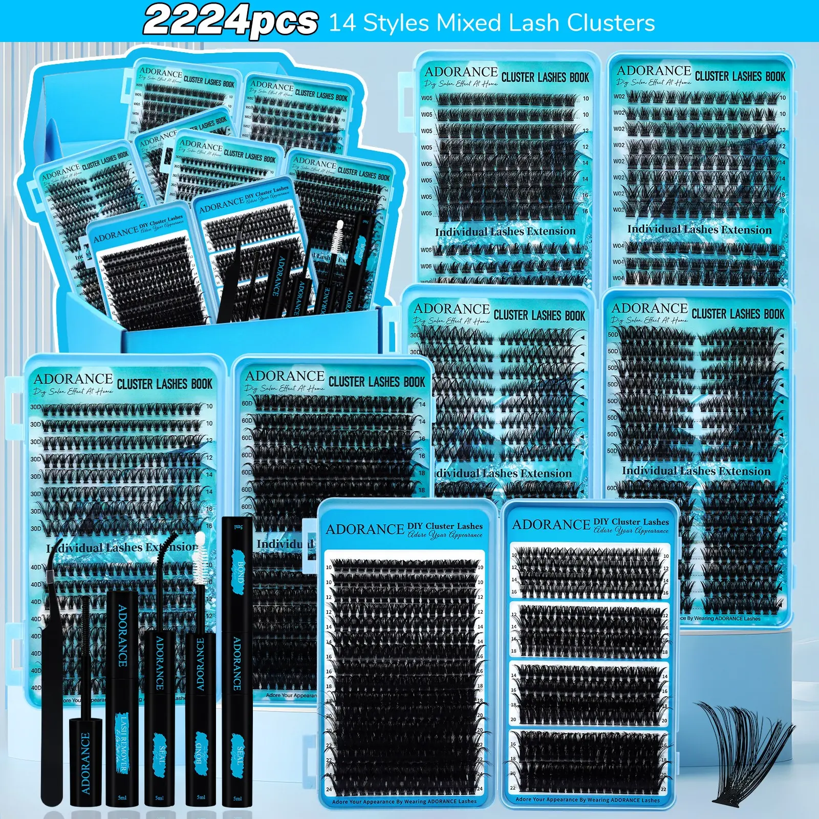 ADORANCE 4 Box 2224PCS Lash Clusters Kit, 14 Styles Mixed Lash Clusters, Natural Wispy Cat Eye Lashes, Large Capacity DIY Eyelashes Extensions Kit with Bond & Seal, Remover and Tweezers
