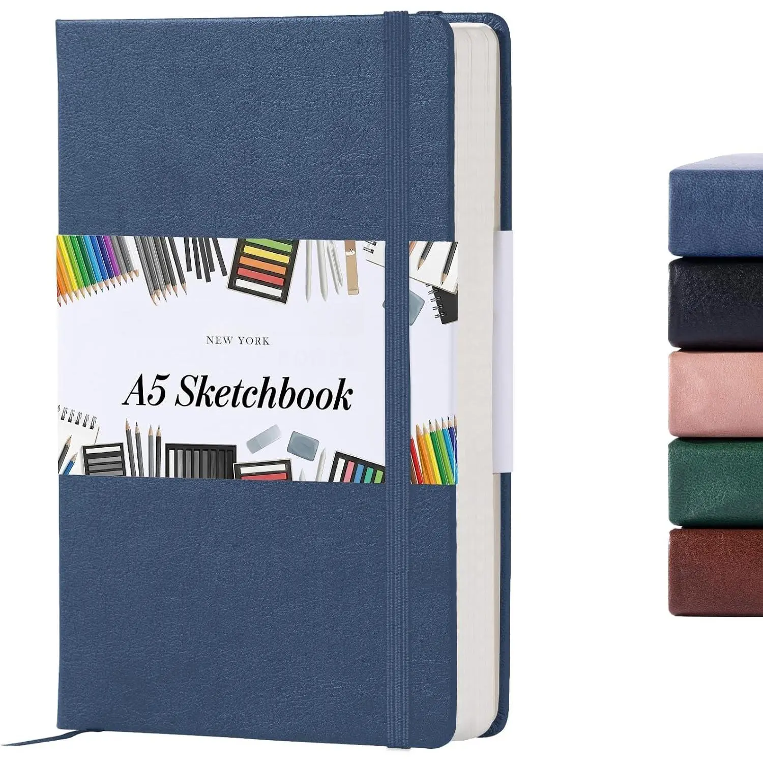 A5 Sketch Book Hardcover - 80 Sheets 100 GSM Paper | 5" x 8", Lay Flat, Vegan Leather Cover, Elastic Band,  Pocket, Compact Art Drawing Book for Adults & Students