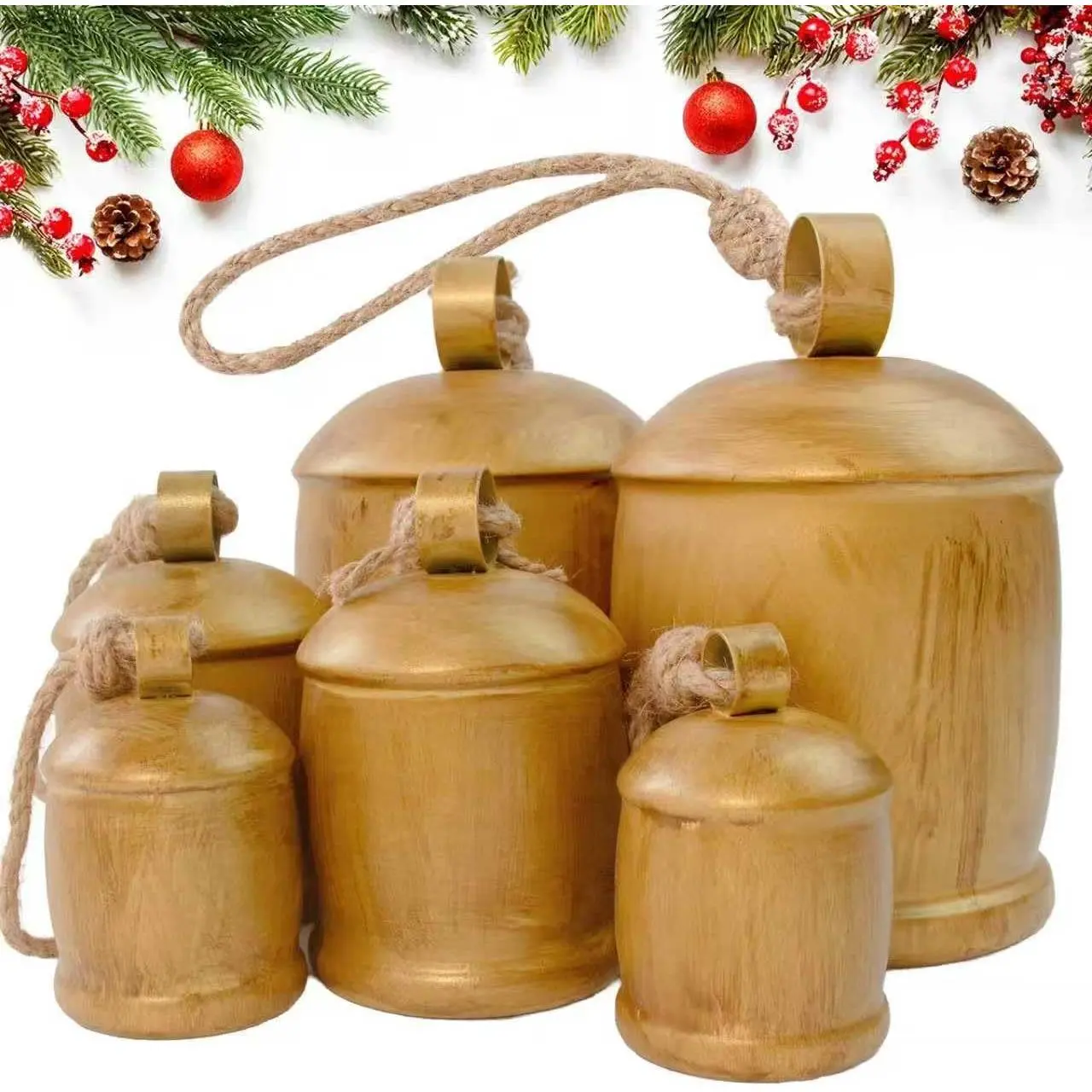 6 Pcs Harmony Cow Bells Vintage Christmas Gold Bells, Decorative Large Rustic Hanging Bell Ornaments for Mantel Garlands Table Centerpiece Set of 6 (6)
