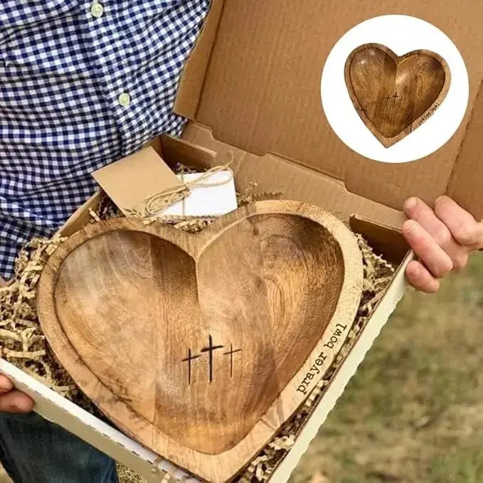 Wooden Prayer Bowl VintageHeart Shaped with Cross & Letter Pattern Handcrafted Unique Design for Home Decor Religious Gift for Father’s Day Christian Church Ornaments Thanksgiving and Christmas Gifts Easter Bonus