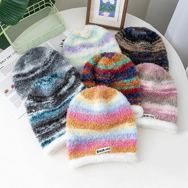 Hot Sale Loose Chic Hat Lazy Style Gradient Beanie Hat Fashion Winter Hats For Women Streetwear Multicolour Warm Hats For Girl
