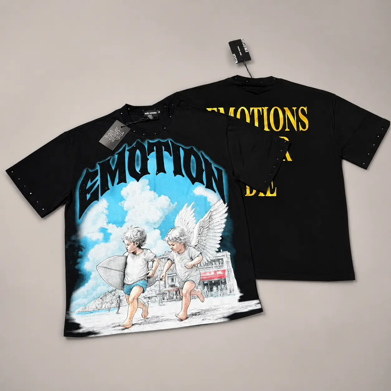 MIXED EMOTION Men’s Streetwear Cotton Rhinestone Graphic T-Shirt, Vintage Hip Hop Oversized Tee, Heavyweight Washed Cotton Crew Neck Top, Y2K Urban Fashion Statement Shirt