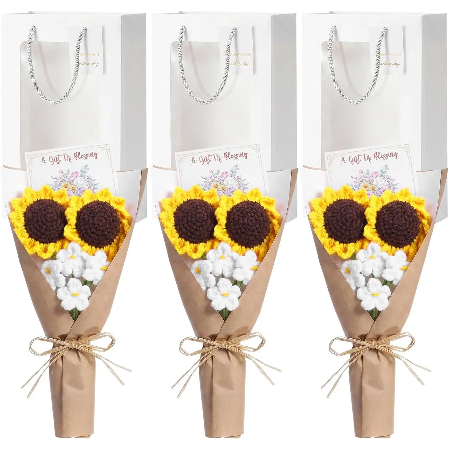 3 Set Crochet Sunflower Bouquets Gift Set for Her Women Teachers |   Handmade Knitted Flower Bouquets with Gift Bags Greeting Cards for Back To School Gifts Birthday Wedding Home Office Decor