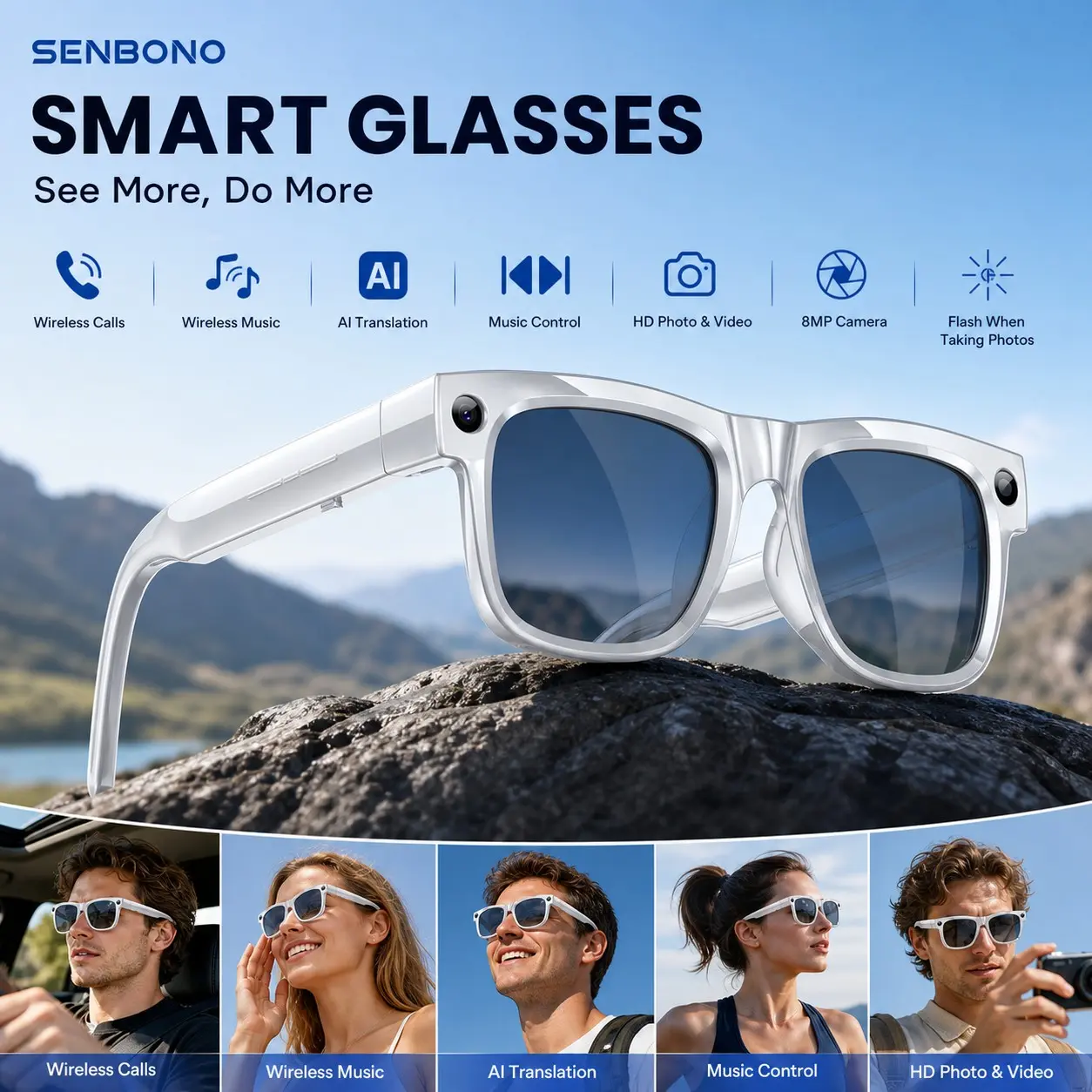 SENBONO Smart Glasses with Magnetic Charging Battery, Support Photo Video Audio Recording, Offline Local Capture with Sync After Reconnection, Travel and Outdoor Use