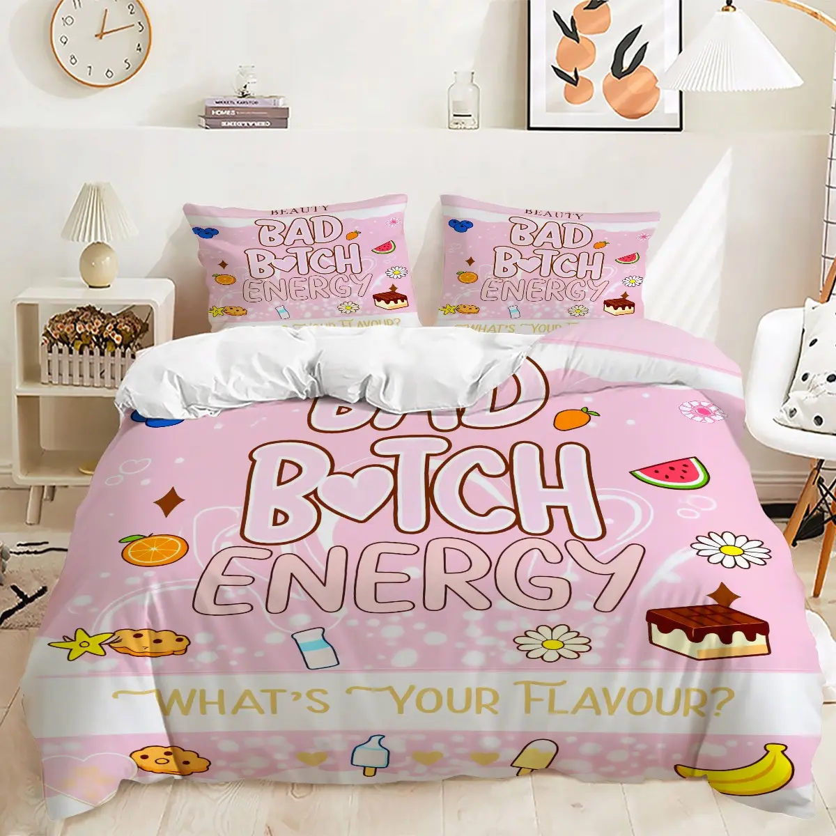 'Bad Bitch Energy' Text Duvet Cover Set, Bed Sets, 2/3Pcs Pink Bedding Set, Perfect Teen Girl Bedroom, Dormitory, Trendy Home Decor, Ideal Gift for Sassy Slogan Lovers. 1 or 2 Pillowcase, No Filling