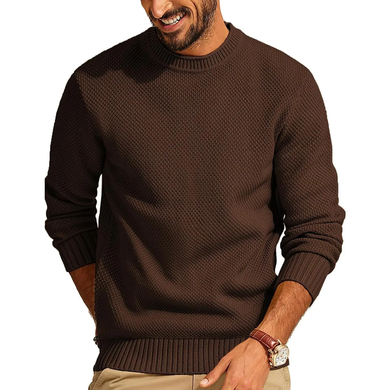 Mens Sweater Waffle Knit Crewneck Sweaters Textured Pullover | Soft Stretch Waffle Knit, Textured, Crew Neck, Regular Fit, Mid-Weight, Warm, Fall Winter, Business Casual, Daily, Holiday