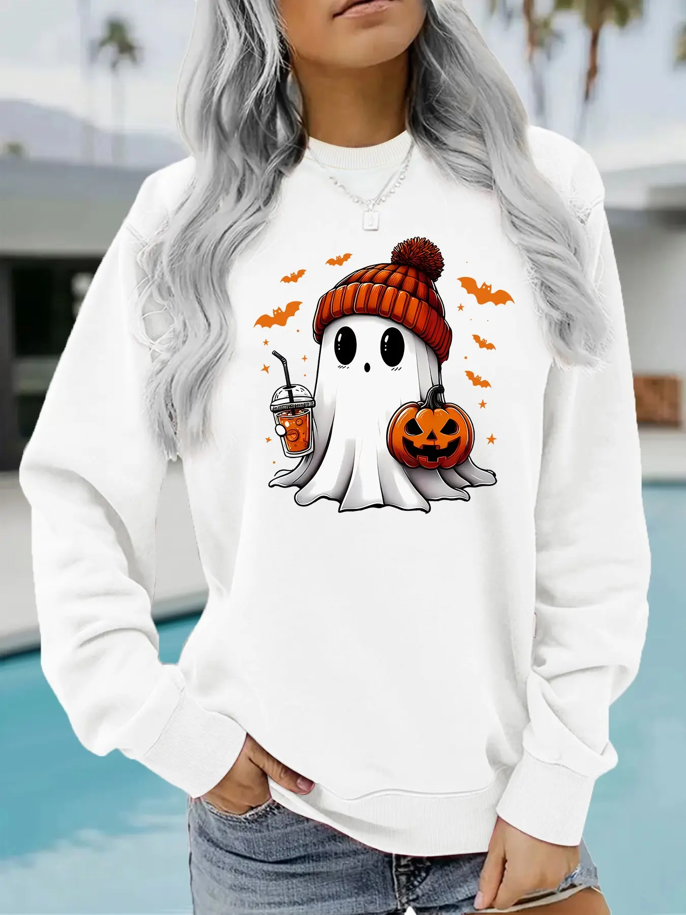 Women's Halloween Ghost & Pumpkin Face Sweatshirt, Long Sleeve Loose Fit, Round Neck, Fall Winter Casual Wear