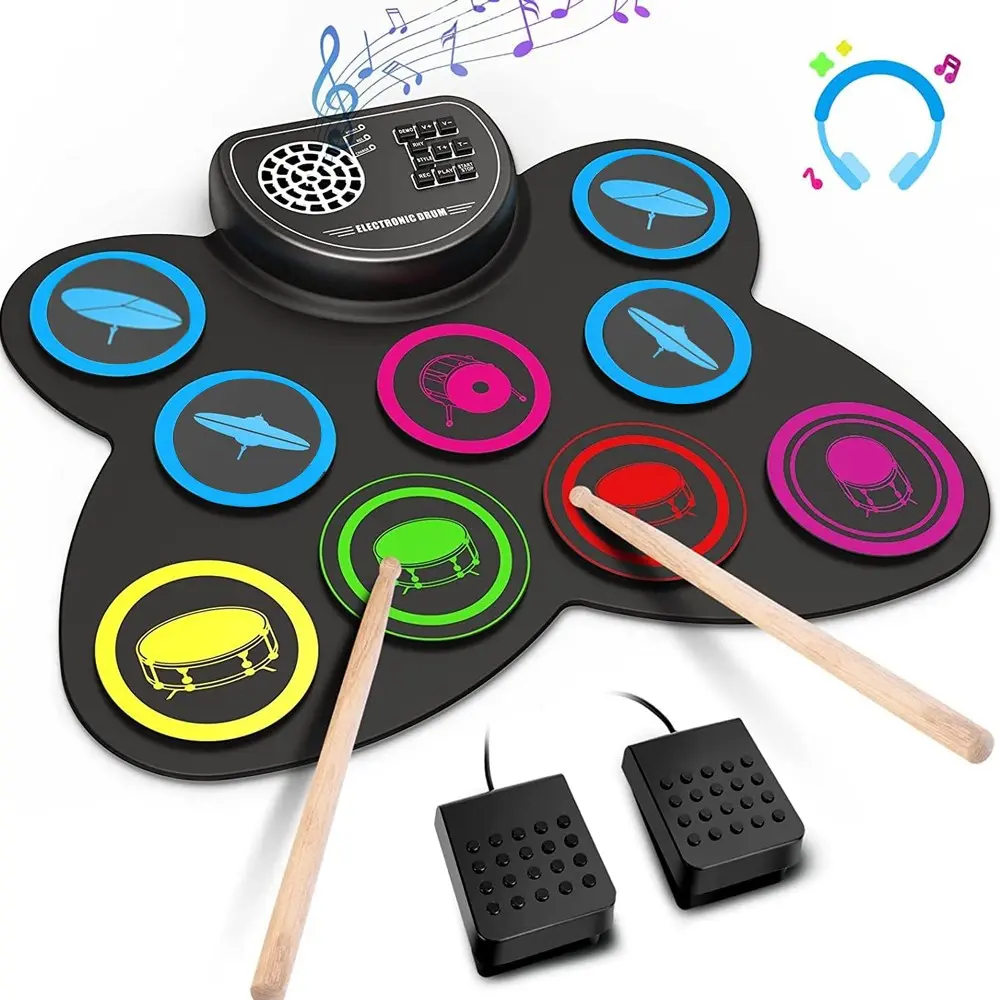 Electronic drum set, 9-drum practice pad, with headphone jack, roll-up electronic drum pad, speaker, drum pedal, 1-hour playtime, great holiday Christmas birthday gift for kids