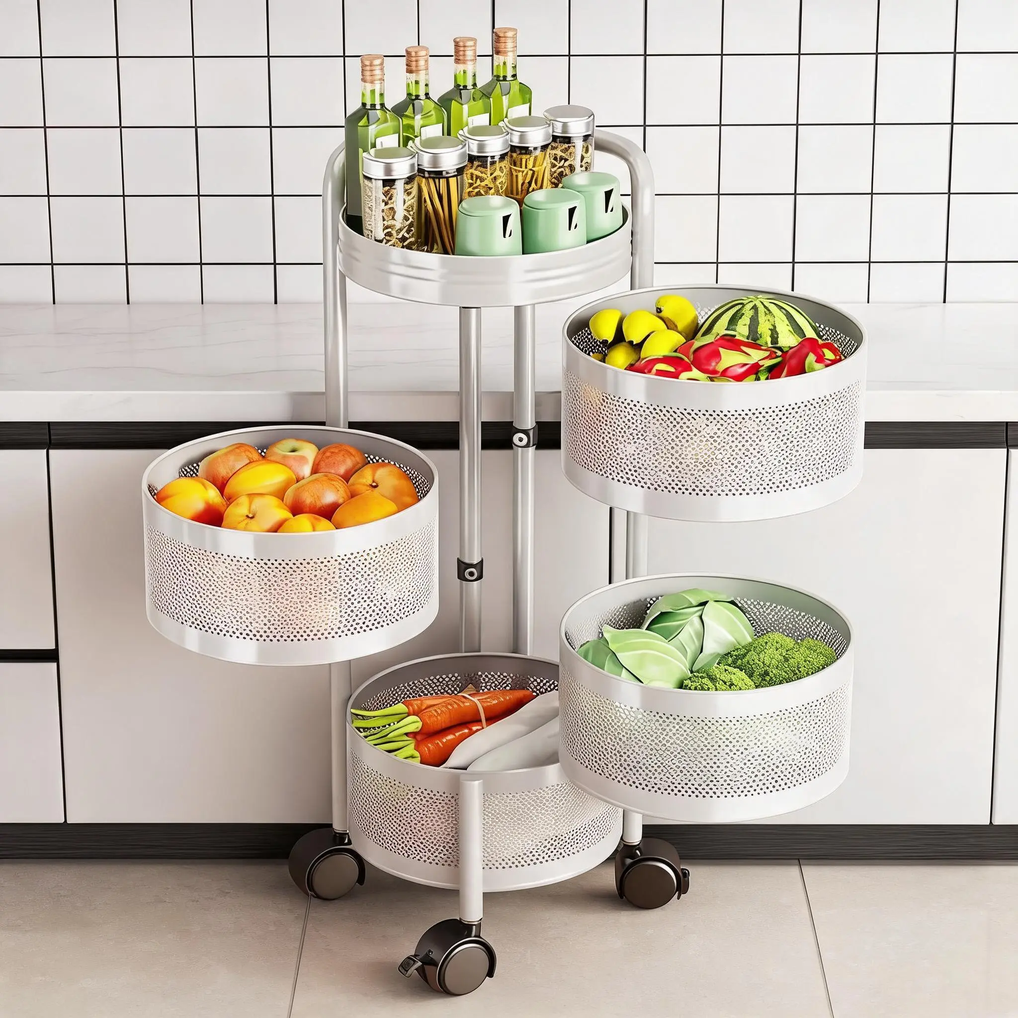 5-Tier Rotating Kitchen Storage Cart, Thickened Carbon Steel Fruit & Vegetable Basket with Wheels, No Assembly Mobile Utility Organizer