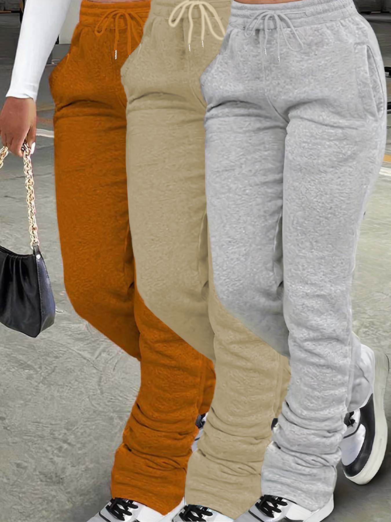 Women's Plain Pocket Drawstring Sweatpants, Casual Comfy Elastic Waist Jogger Pants for Daily Wear, Drawstring Stackable Pants for Tall Girl, Baggy Pants, Sweatpants for Women, Ladies Bottoms for All Seasons, Jogger Pants for Women, Baggy Jogging Pants