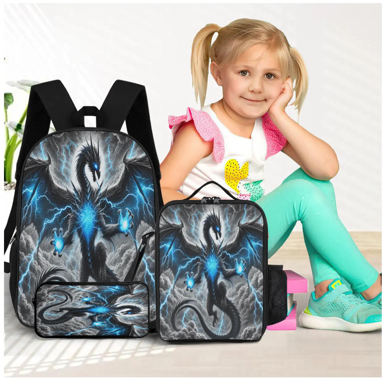 Blue dragon-pattern backpack - Student schoolbag - Boys' and children's schoolbag and lunch bag - Pencil case set - Backpack for returning to school - Must-have three-piece set for the school term