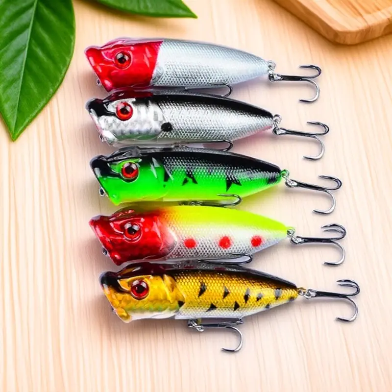 Topwater Popper Hard Bait Floating Twitch bait Lure Set - Size 6 Treble Hooks, 5 Colors, Saltwater & Freshwater Portable High Sensitivity Fishing Gear Kit