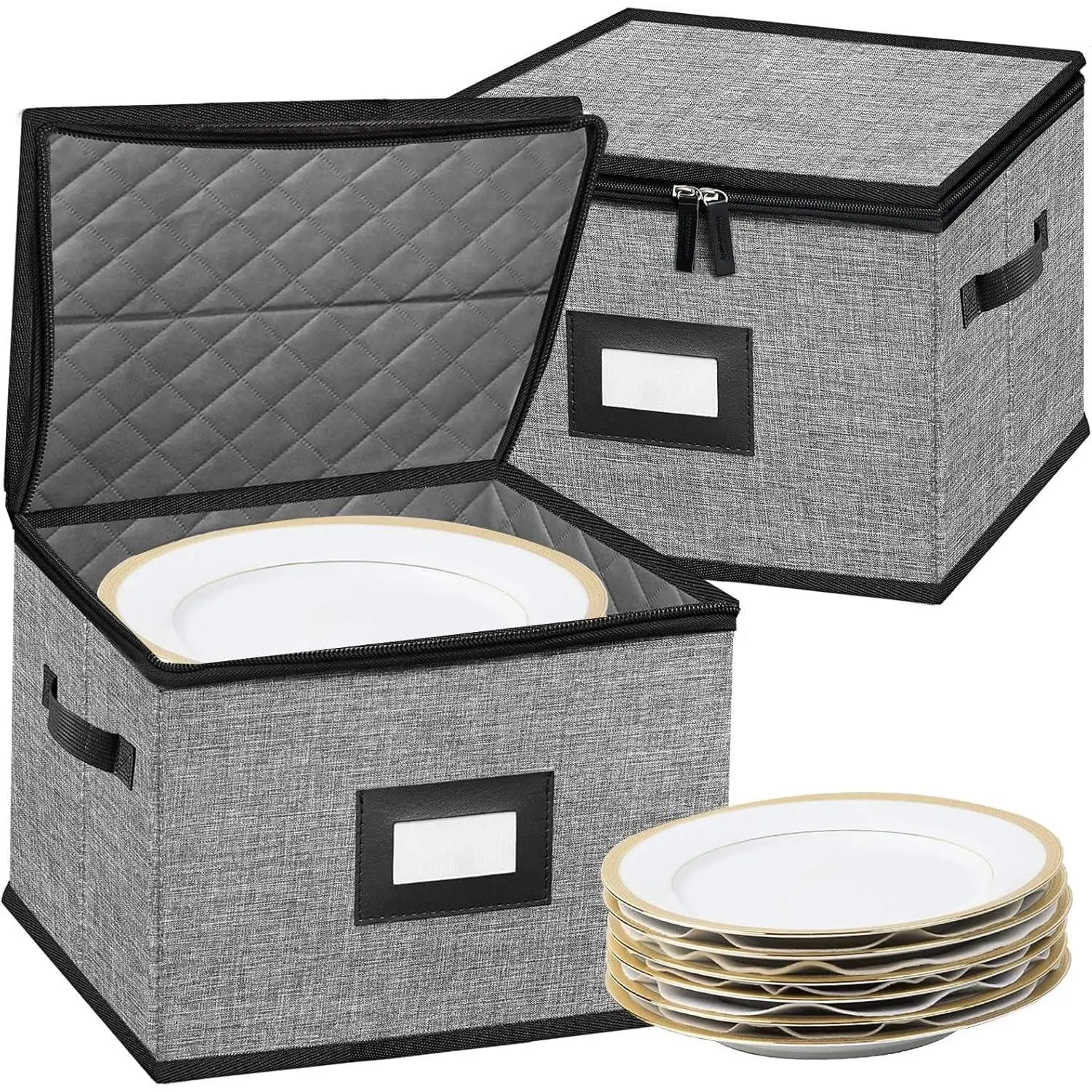 Quilted Hard Shell Dish Storage Containers with Lid, Stackable Plate Storage for Moving Transport & Dinnerware Storage, 2 Pack (12*12*8in) with 24 Felt Plate Dividers Included
