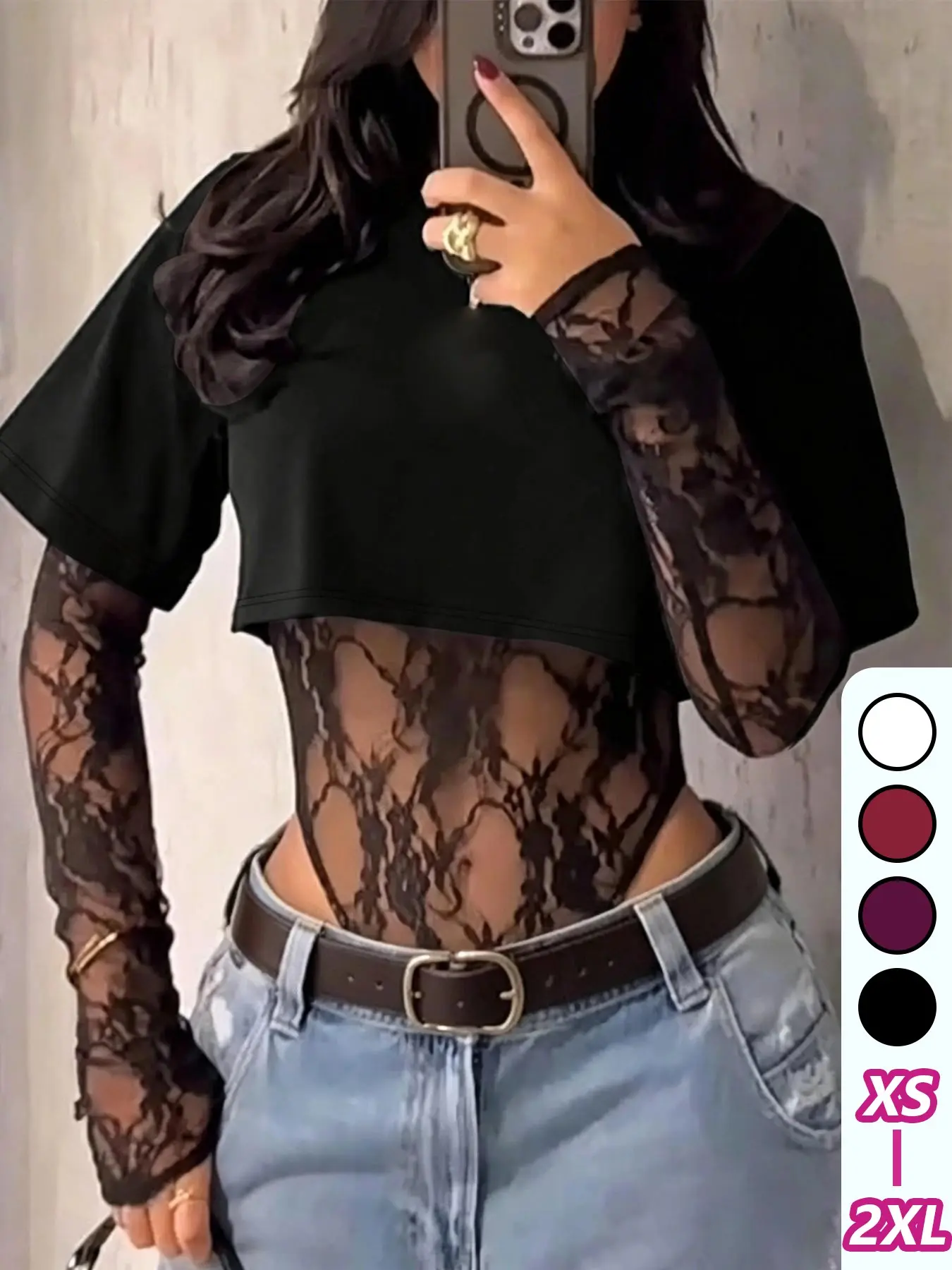Lace Patchwork Long Sleeve Bodysuit, Slim Fit T-Shirt Style, Y2K Layering Top for Daily Wear, Women's Bodysuit
