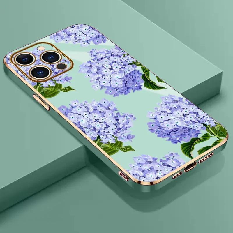 Darlingcase Electroplated TPU Phone Case for iPhone 17 Pro Max iPhone 16 15 14 Plus 13 12 11 Lavender Hydrangea Grace Pattern Classic Straight Design Scratch Resistant Softcase
