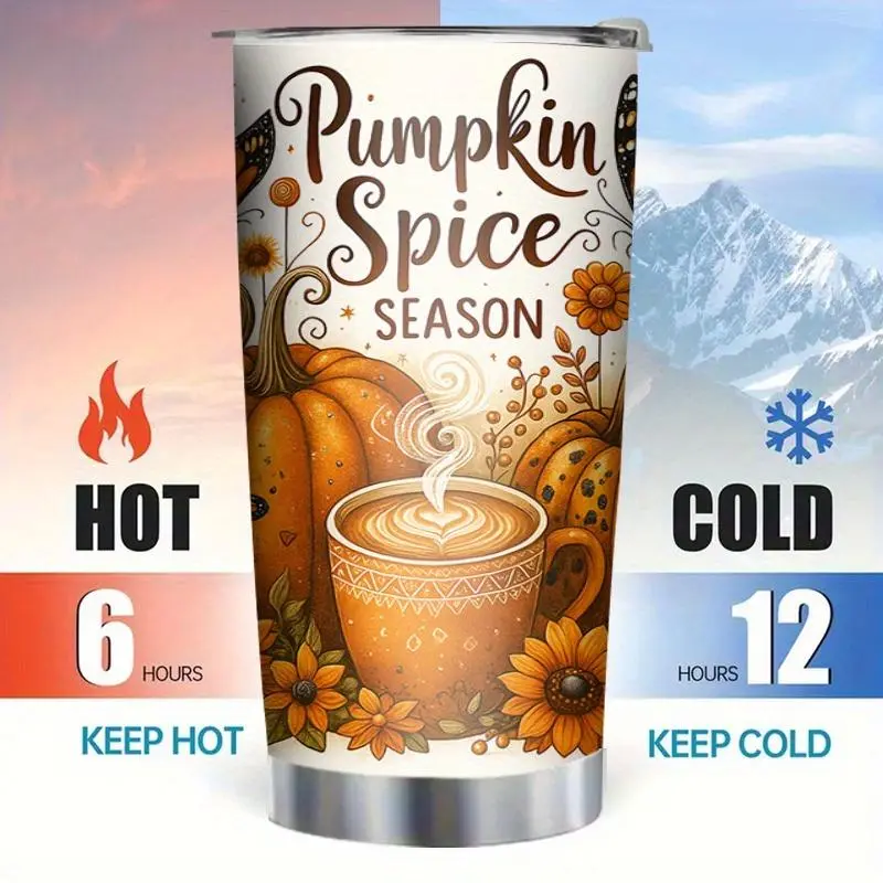 20oz Insulated Tumbler with Leak-Proof Lid, Vintage Pumpkin Latte-Sunflower-Butterfly Pattern, Keeps Hot 6H/Cold 12H, Fall Harvest Travel Coffee Mug for Home Supplies Storage & On-the-Go Use