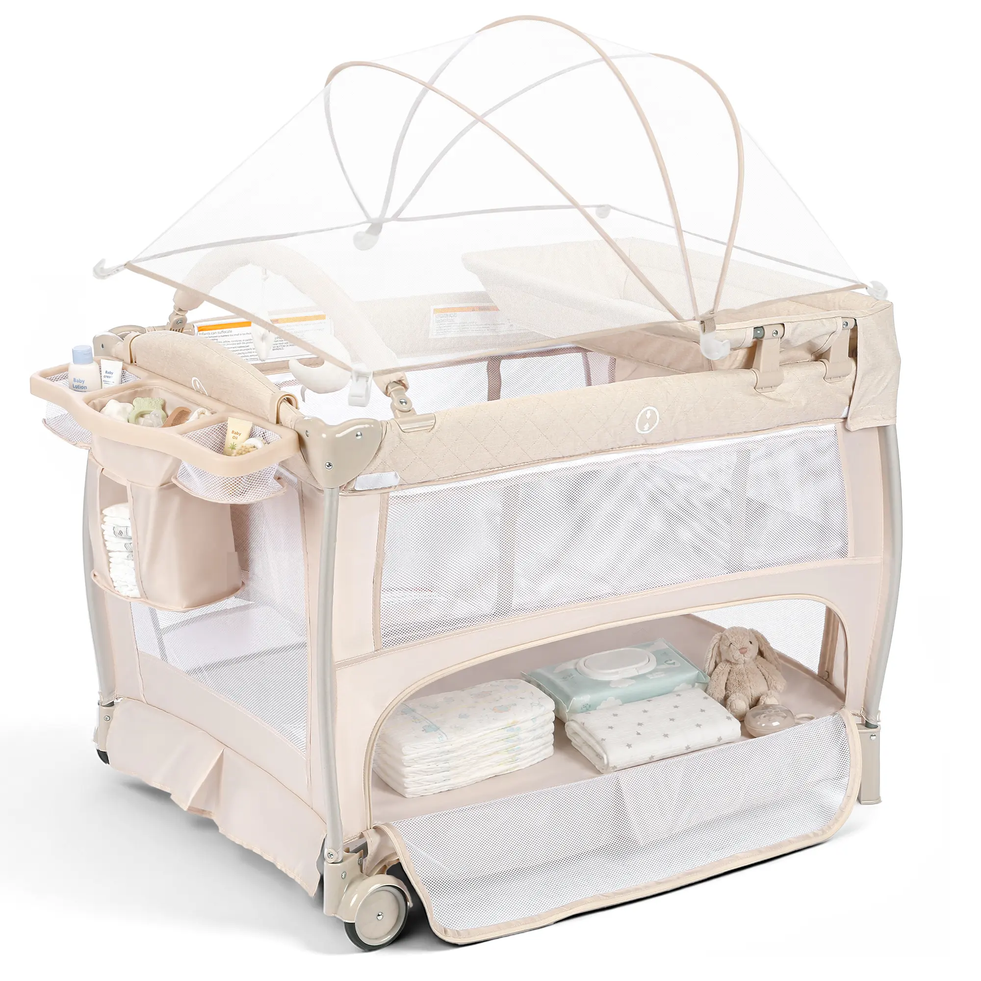 Kinder King 5-in-1 Baby Playard with Bassinet, Bedside Sleeper, Changing Table, Canopy & Side Zipper, Portable Baby Playard