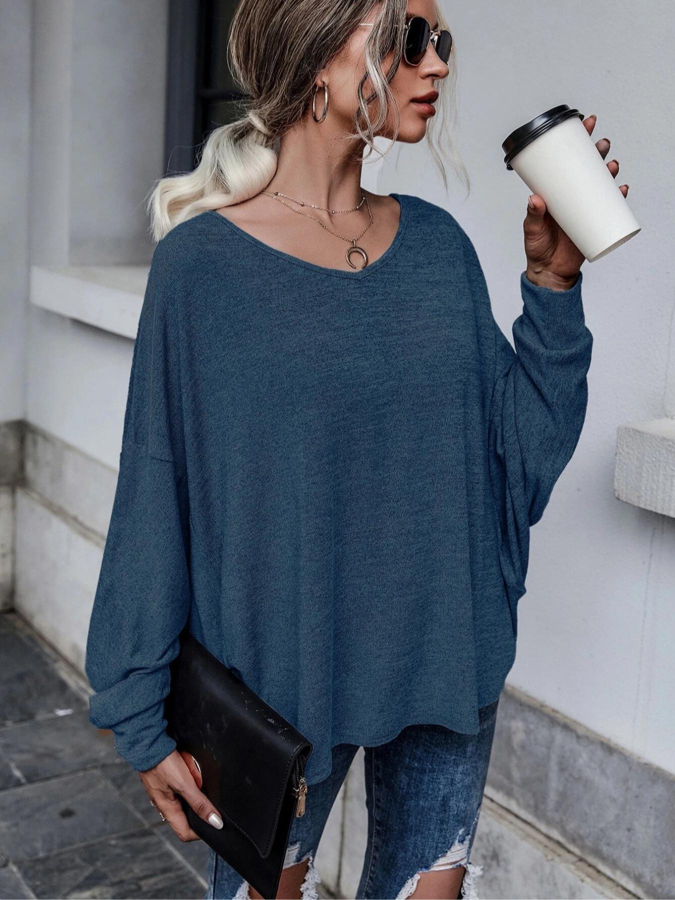 Women's Plain Tie Backless Batwing Sleeve Tee, Chic Elegant V Neck Long Sleeve T-Shirt for Spring & Fall, Ladies Clothes for Daily Wear