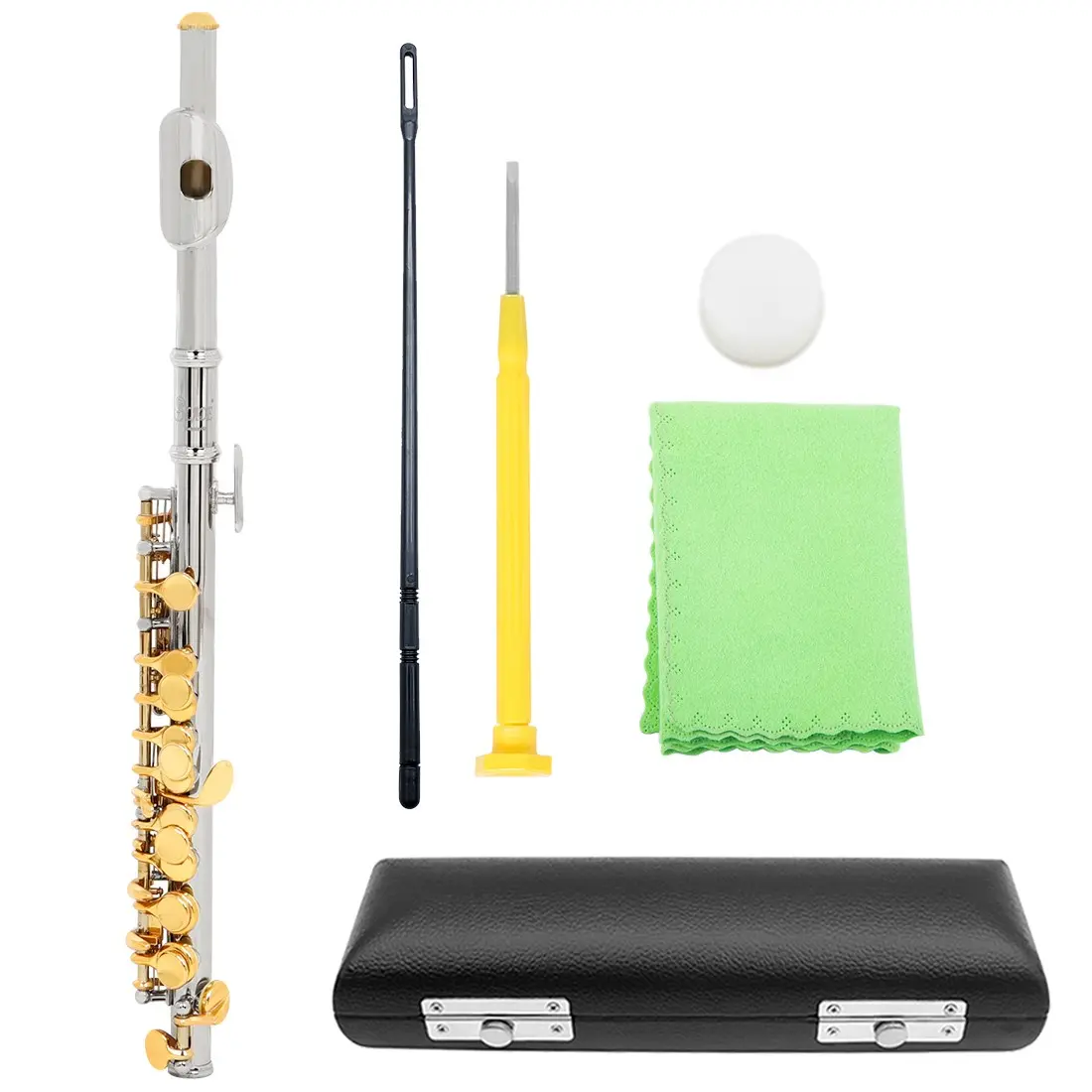 Slade Flute C Key Brass Body Silver Color Gold Keys, Elegant Design with Leather Case, Perfect for Music Enthusiasts
