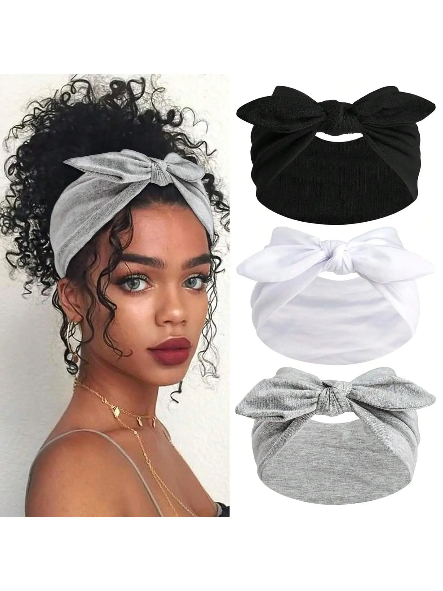 3pcs Women Bow Rabbit Ear Headbands, Bunny Headband, Boho Style Wide Cute Rabbit Ear Knotted Headbands, Halloween Headpiece, Fall, Elastic Solid Bow Hair Accessories, Suitable For Fitness/Yoga/Sports/Outdoor, Solid Color Casual Headbands
