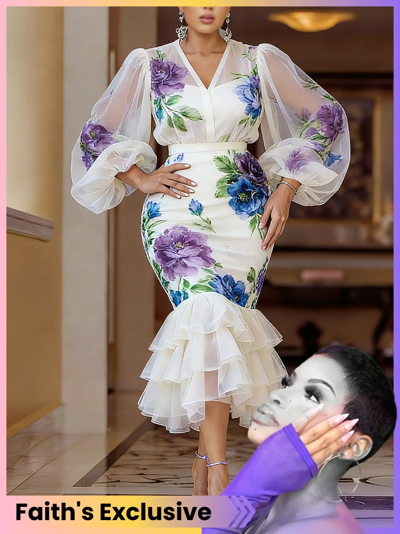 【Faith's Exclusive】Elegant Feminine Floral Print V-Neck Lantern Sleeve Top, Layered Ruffle Midi Skirt Set, Casual Office Wear, Faith's Exclusive Fashion Set, Clothes