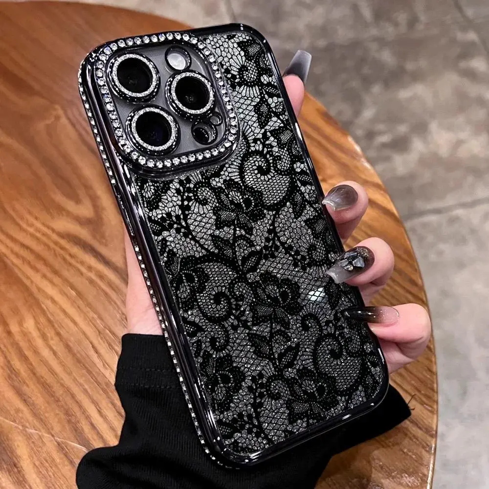 Luxury Black Floral Lace Rhinestone Smartphone Casing, Shockproof Handheld Cellphone Case Compatible with iPhone 17/16/15/14/13/12 Pro Max, Sparkle Border, Tempered Glass Lens Cover, Elegant Glitter Pattern Protection Shell, Accessories