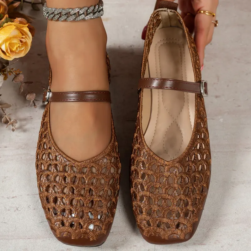 Women's Square Toe Mary Jane Shoes, Elegant Hollow Out Design, Plain Pattern, Medium Width, All Seasons, Comfortable Rubber Sole, Chic Shoes, Mary Jane Footwear