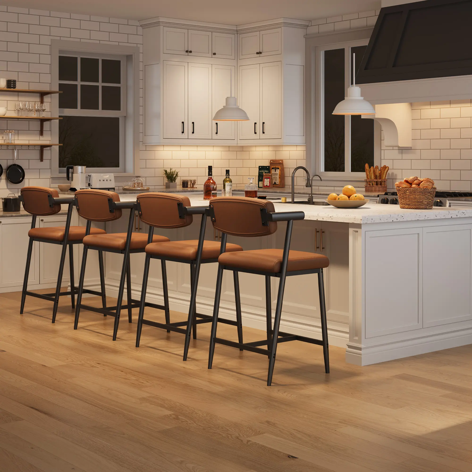 GARVEE 2-Pack Counter Height Bar Stools with Arms, Footrests, Soft Wider Seat, Metal Frame, 400lb Capacity for Kitchen Island, Home Bar