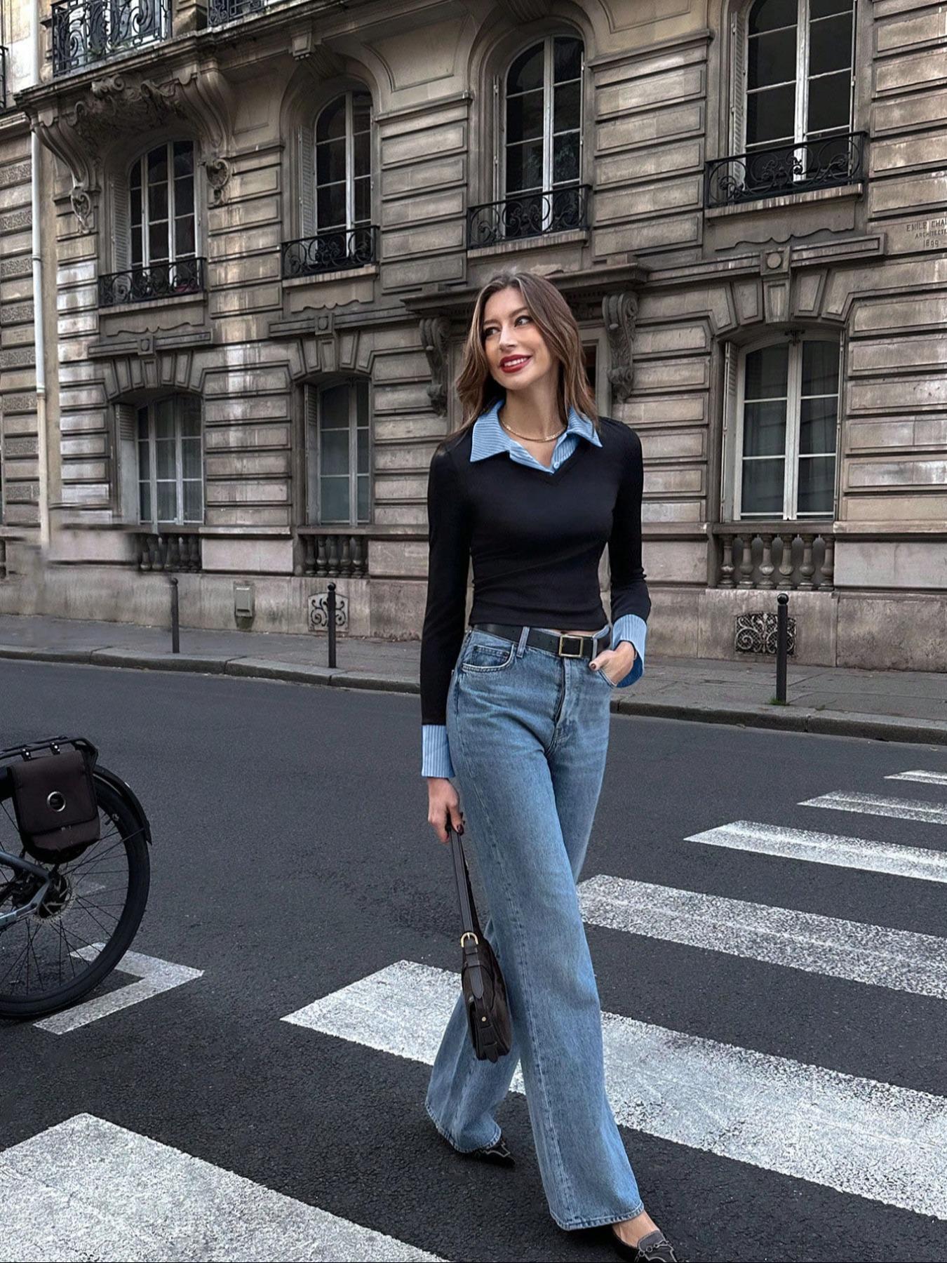 Women's Patchwork 2 in 1 Blouse, Button Up Shirt, Casual Long Sleeve Collared Top for Spring & Fall, Women's Clothing for Daily Wear