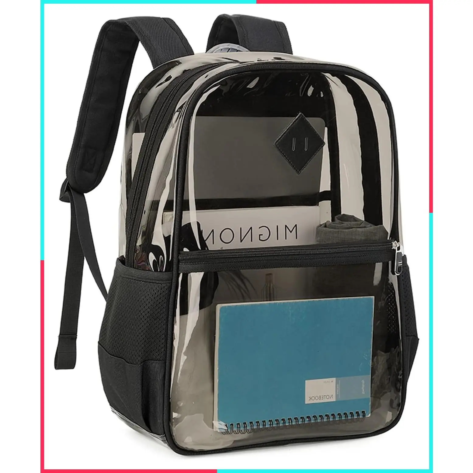 Clear Backpack Heavy Duty See Through Transparent PVC Book Bag for Work Security Concerts College Stadium Approved Black Semi-Transparent