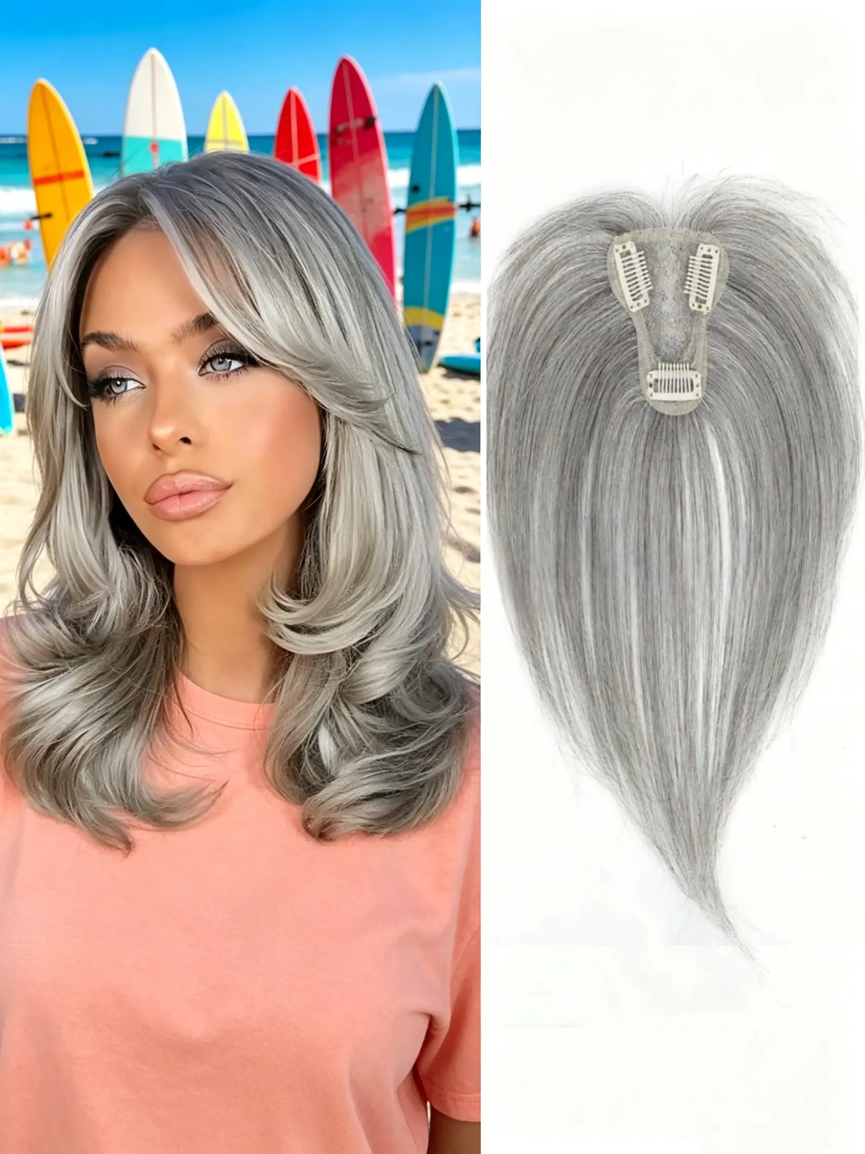 🧴Breathable Base Grey Silver Mix Premium Synthetic Hair Topper with Curtain Bangs, Seamless Natural Blend, Comfortable All-Day Wear, Best Hairpiece to Hide Hair Loss & Boost Your Hair Volume Fast✨