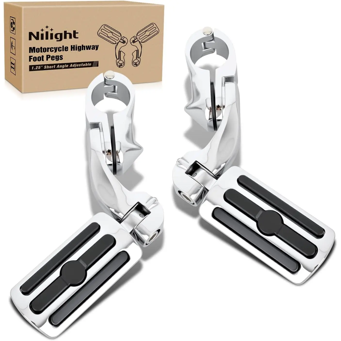 Nilight 1-1/4 Inch Motorcycle Highway Pegs For Harley Touring Street Glide Electra Glide Road King CVO Dyna Trike Sportster Adjustable Short Angled Foot Pegs Universal For 1.25 Inch Engine Guard Crash Bars