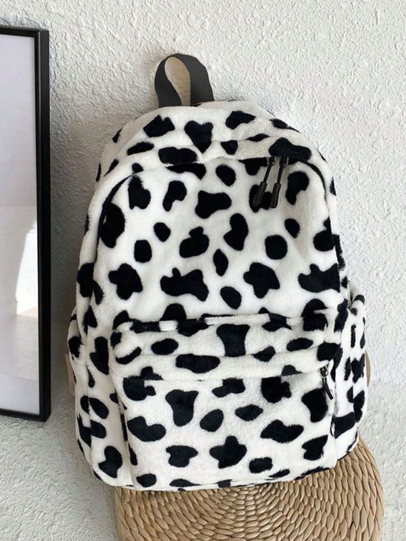 Fluffy Casual Leopard Pattern Zip Backpack, Leopard Pattern Plush ...